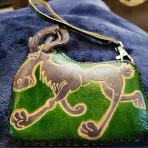 Green Leather Wristlet with Moose Design NWT